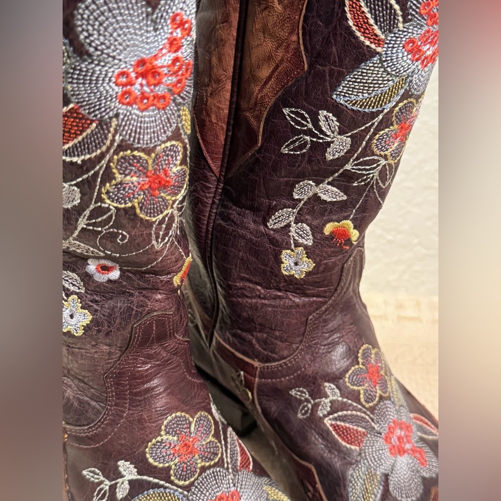 Old Gringo Bonnie Brass Floral Embroidered Leather Western Boots Brown Tall 8.5 - Picture 4 of 12